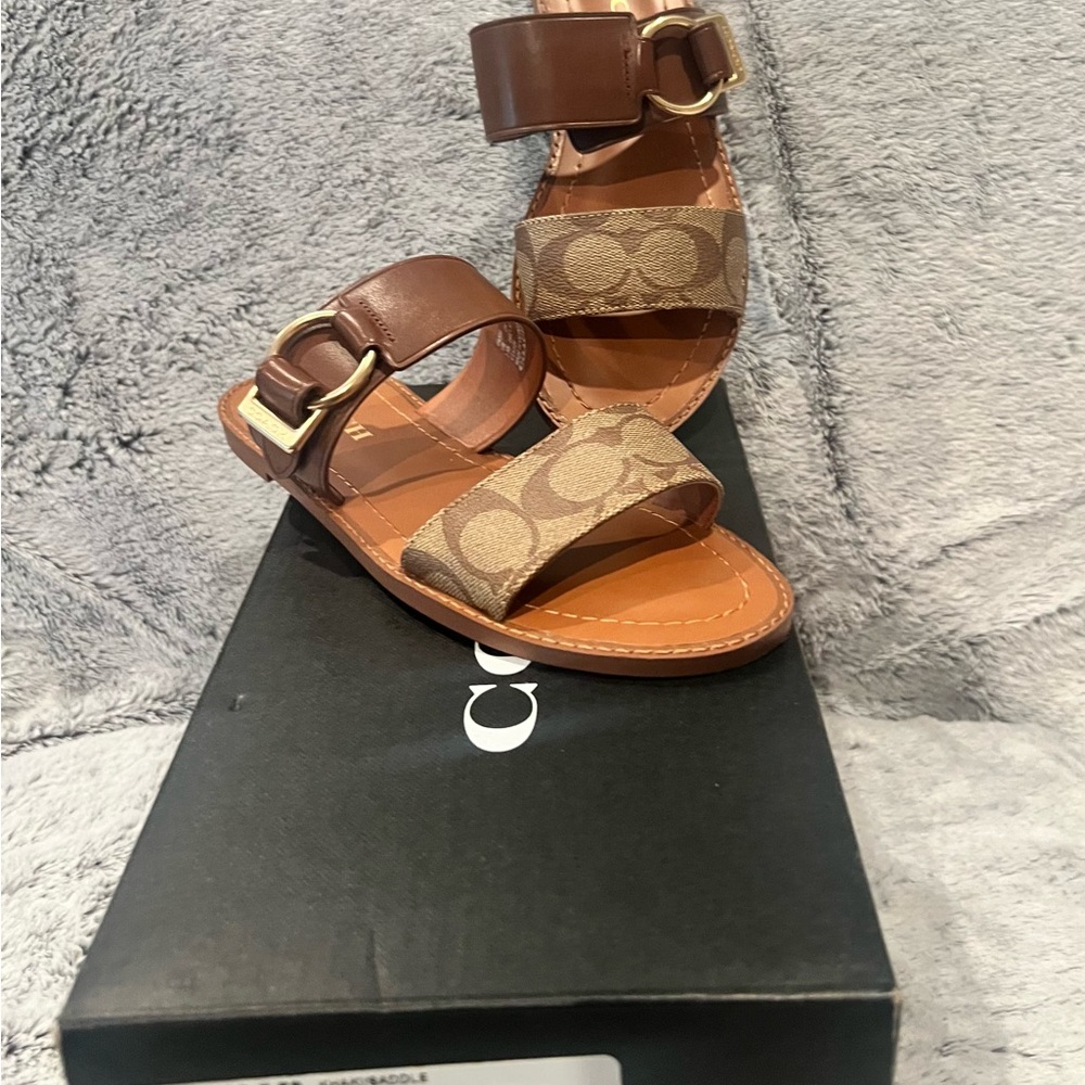 Coach Brown and Tan Leather Sandals with Adjustable Straps